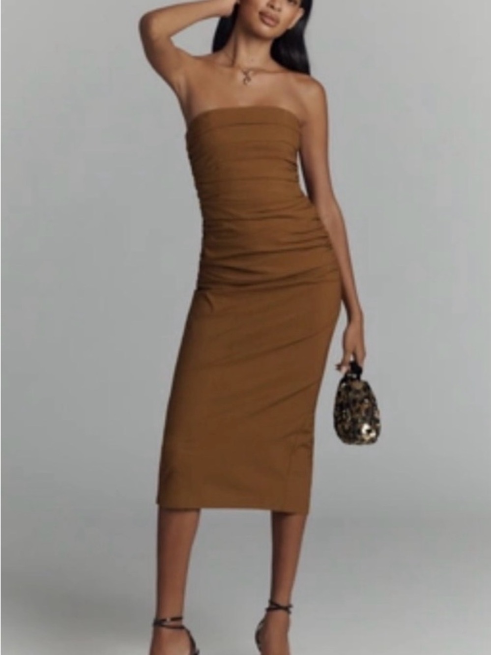 Anthropologie Strapless Ruched Midi Dress in Cognac Brown